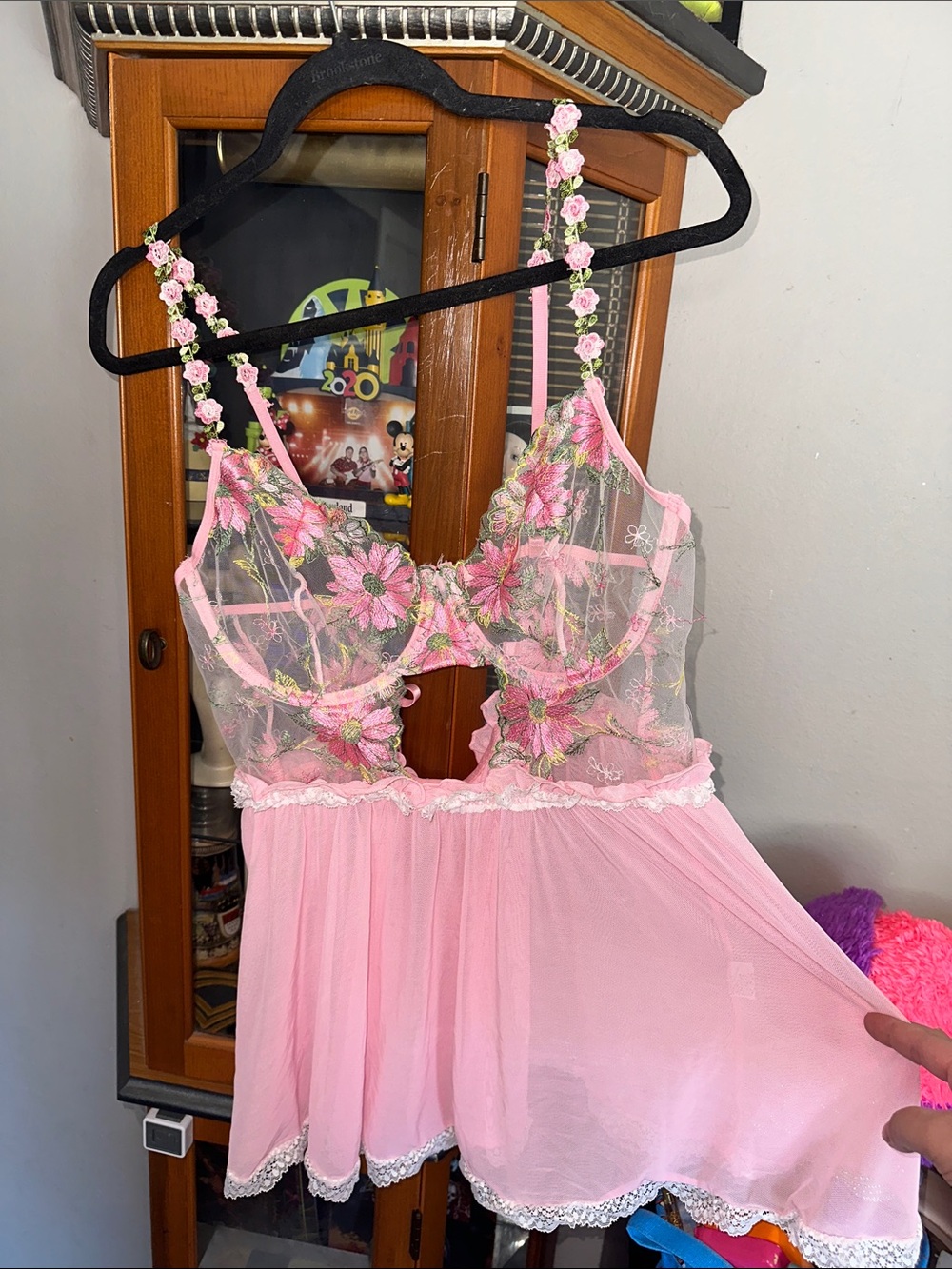 Floral Embroidered Pink Sheer Babydoll Nightdress